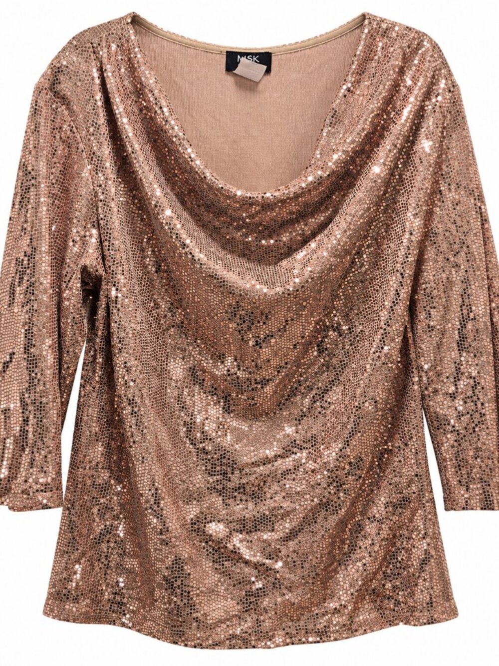 MSK Women 2X Rose Gold Sequin Cowl Neck 3/4 Sleeve Party Cocktail Blouse Top